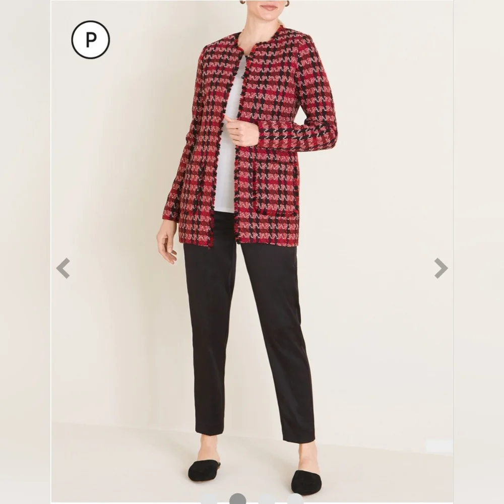 NWT Chico’s Red & Black Houndstooth Tweed Blazer Jacket Size Petite Size 12